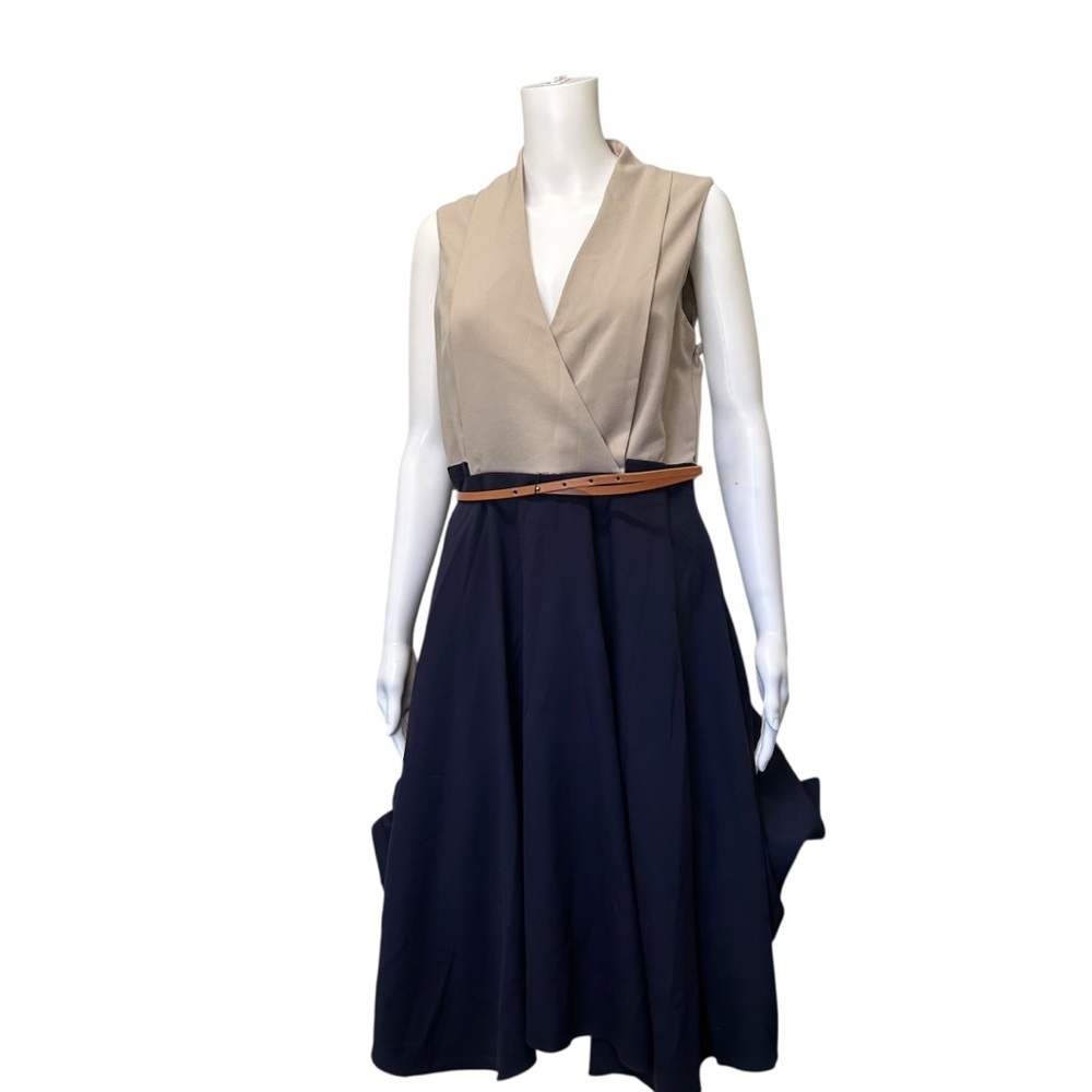 Calvin Klein Colorblock Fit & Flare Career Blue Beige Dress w/ Belt Size 10 - Picture 3 of 7